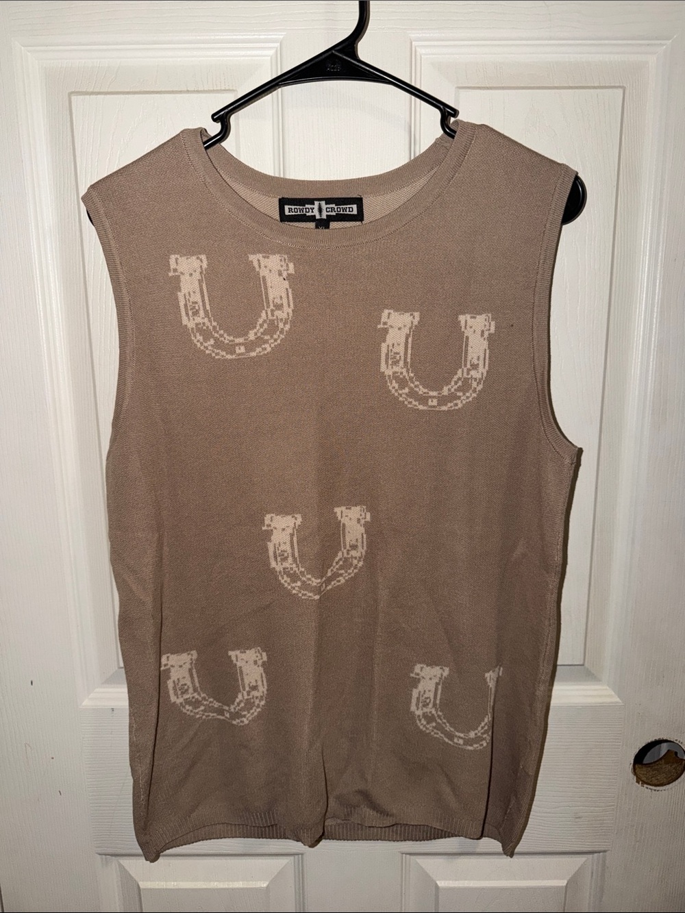 Rowdy Crowd Sleeveless Knit Tank in Taupe with Cream Horseshoe Motif